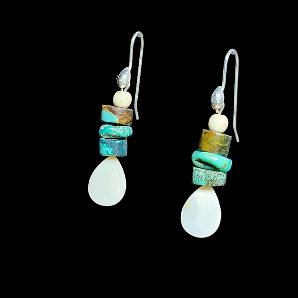 Handmade Sterling Silver Hook Earrings with Turquoise and Mother of Pearl Beads - Picture 3 of 5